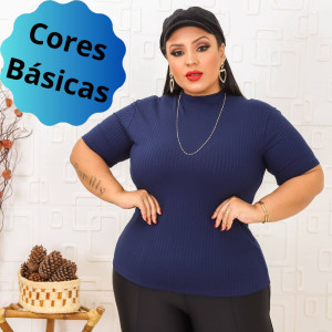 (PLUS) Blusa Canelado Liso Gola Alta