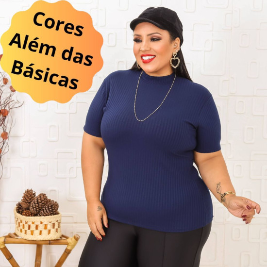 (PLUS) Blusa Canelado Liso Gola Alta