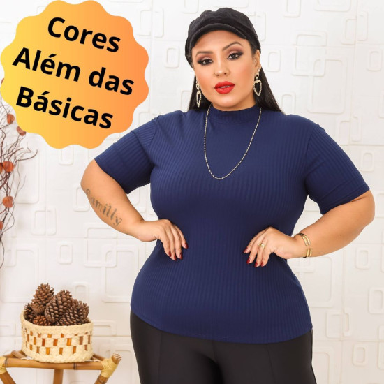 (PLUS) Blusa Canelado Liso Gola Alta